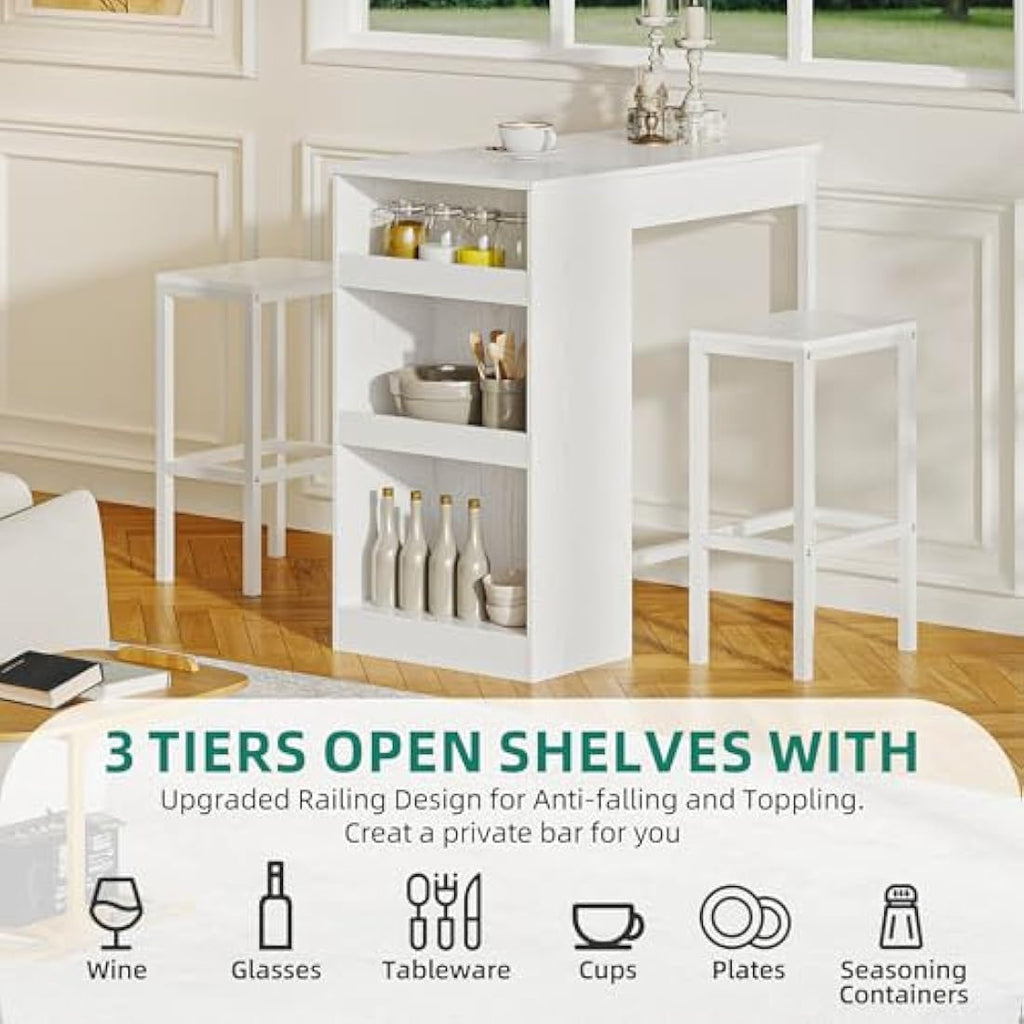 YITAHOME 3-Piece Industrial Bar Table Set with 2 Stools & Storage - White