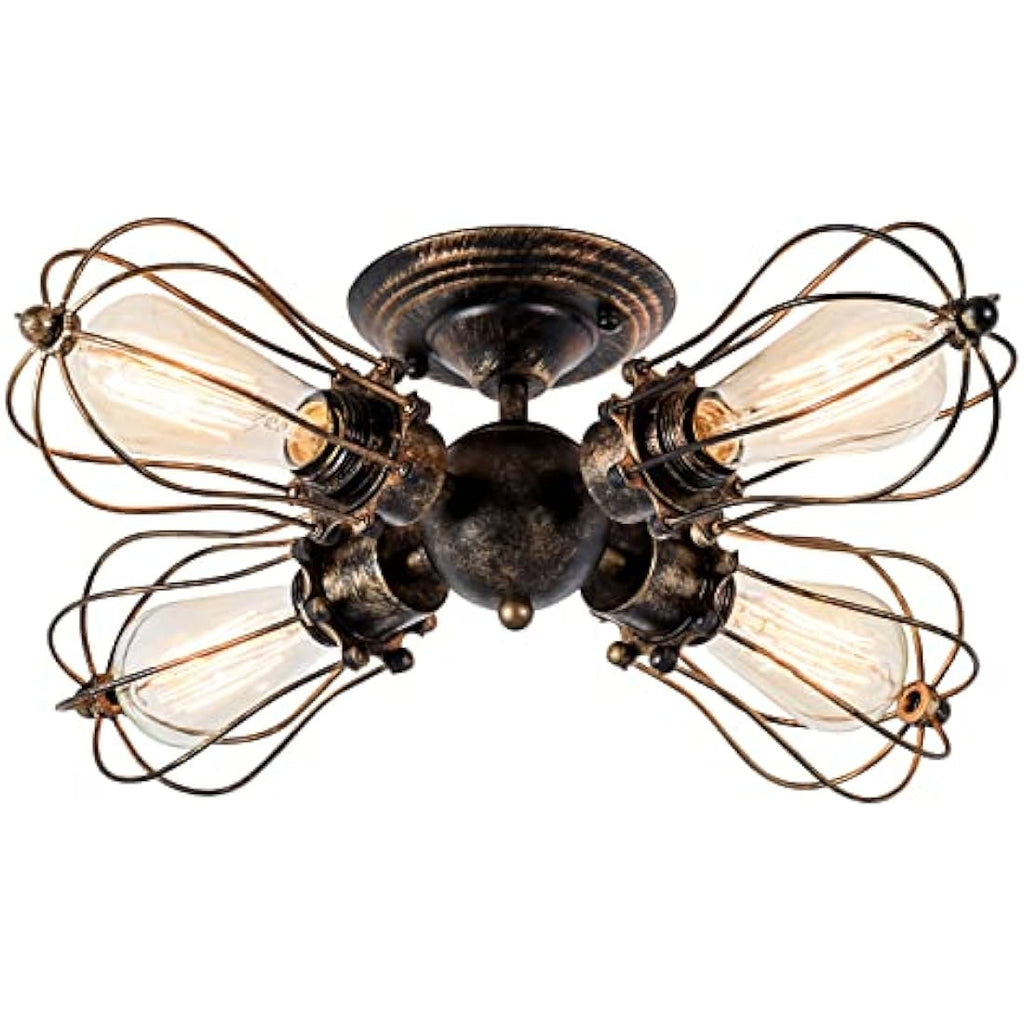 LULING Vintage Industrial Wire Cage Ceiling Light – 4-Light Bronze Chandelier