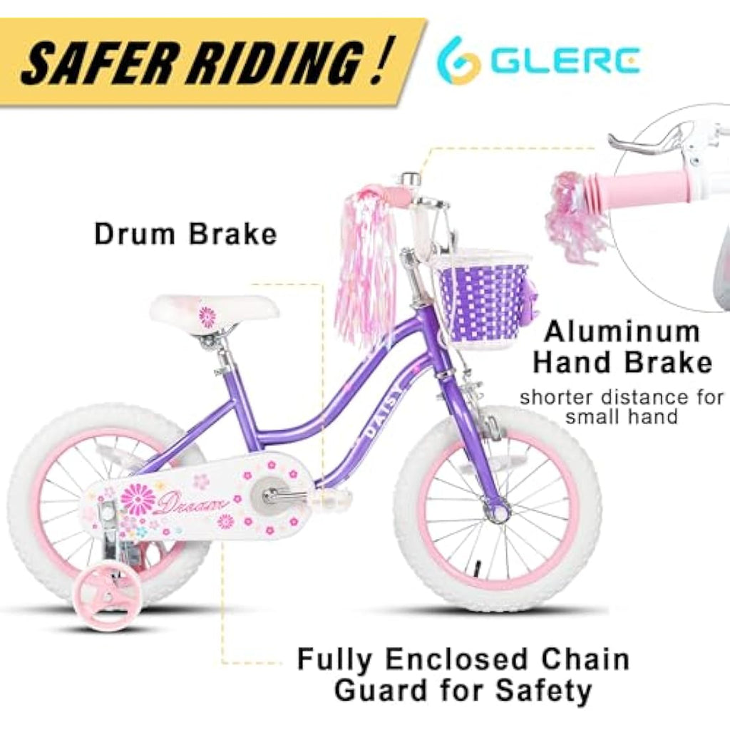 Glerc Daisy 14 Inch Girls Bike with Training Wheels and Basket