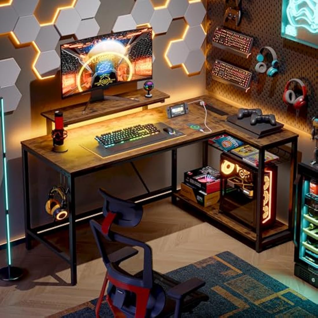 Bestier L-Shaped Gaming Desk with LED Lights and Power Outlets