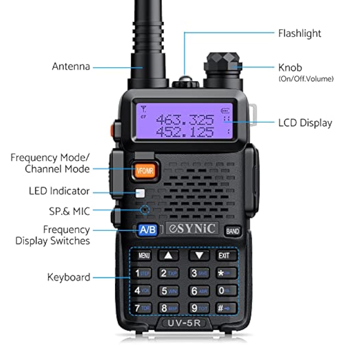 eSynic UV-5R Walkie Talkie – Dual Band 5W Long Range 2-Way Radio