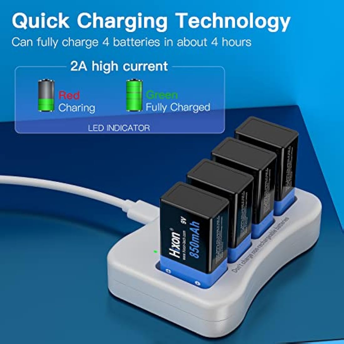 Hixon 9V Rechargeable Lithium-ion Batteries 850mAh with 4-Slot Charger