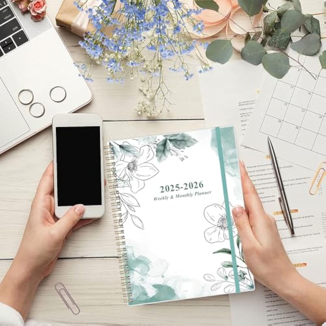 2025 Weekly & Monthly Planner – 8.5" x 11" Blue Flower
