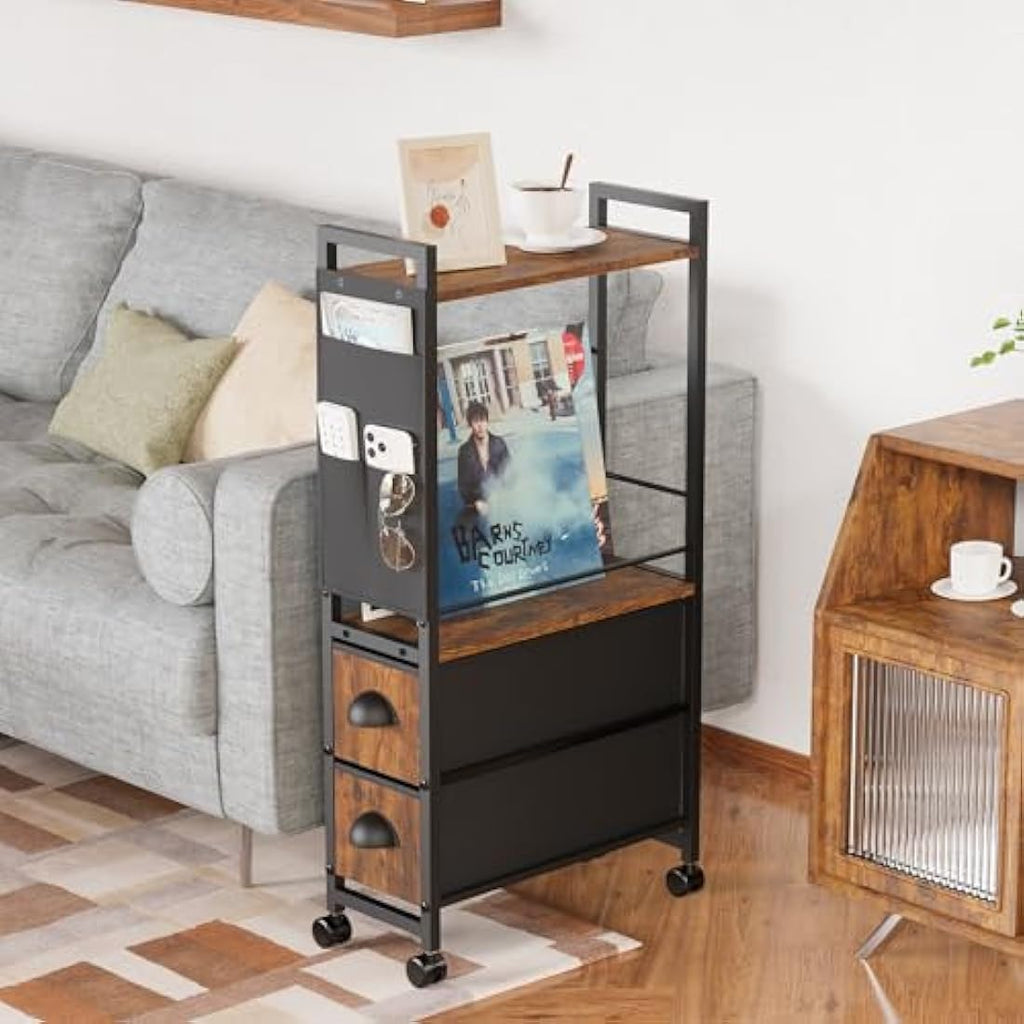 LyTaispuly Narrow Side Table with Drawers and Wheels – Rustic Slim Nightstand