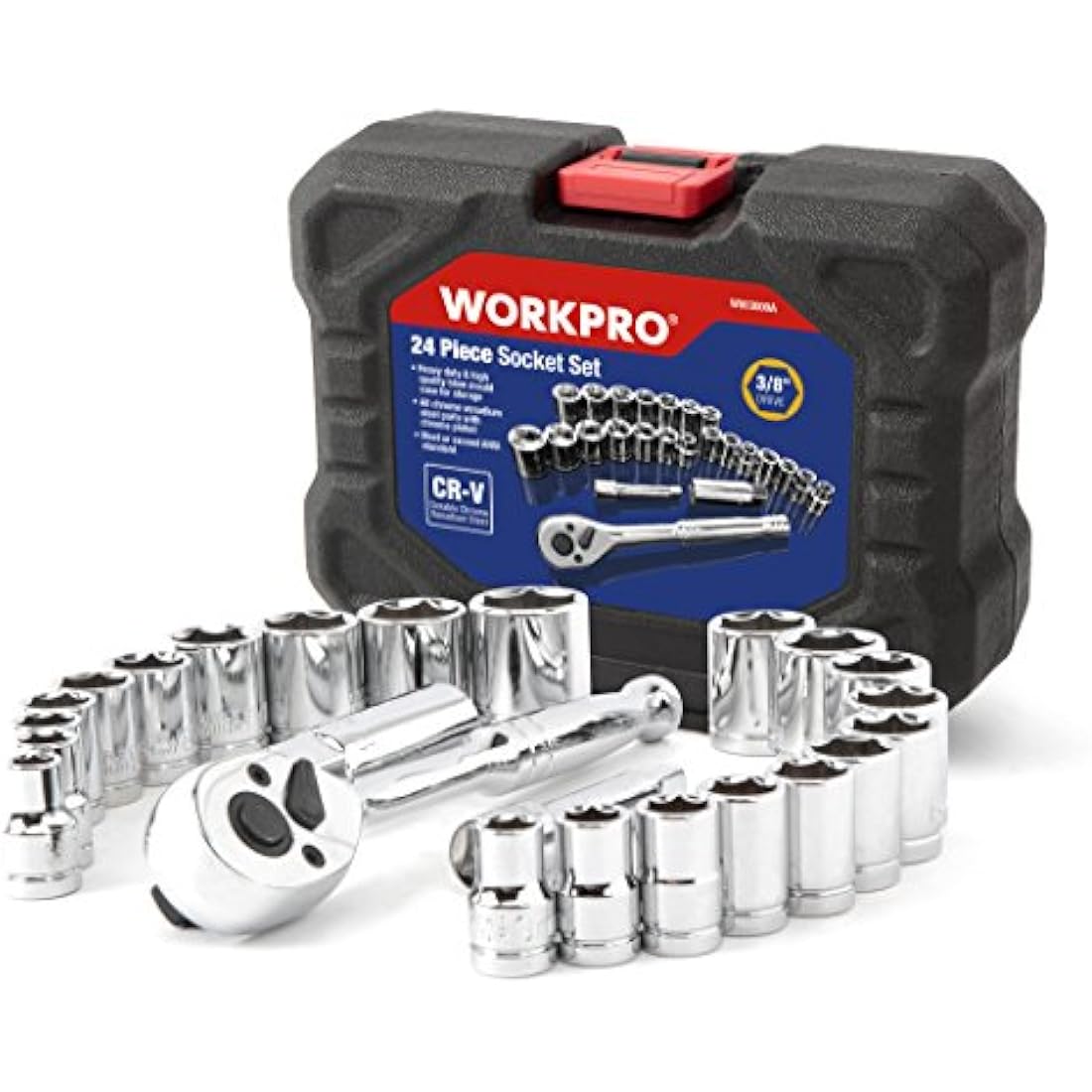WORKPRO 24-Piece Socket Set | 3/8" Drive Metric & SAE Ratchet Wrench Kit