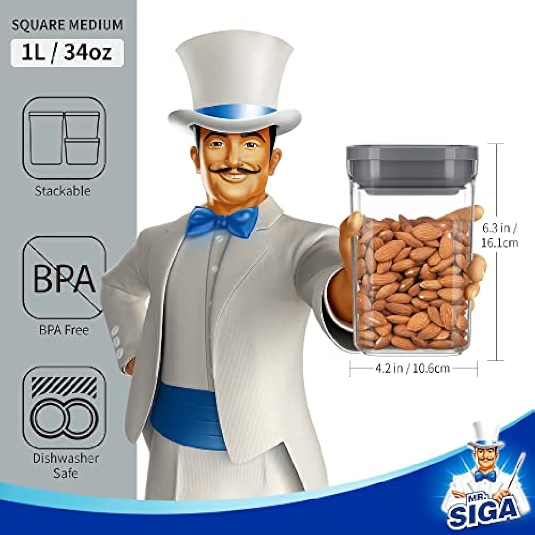 MR.SIGA Airtight Food Storage Containers - 4 Pack Stackable BPA Free Gray