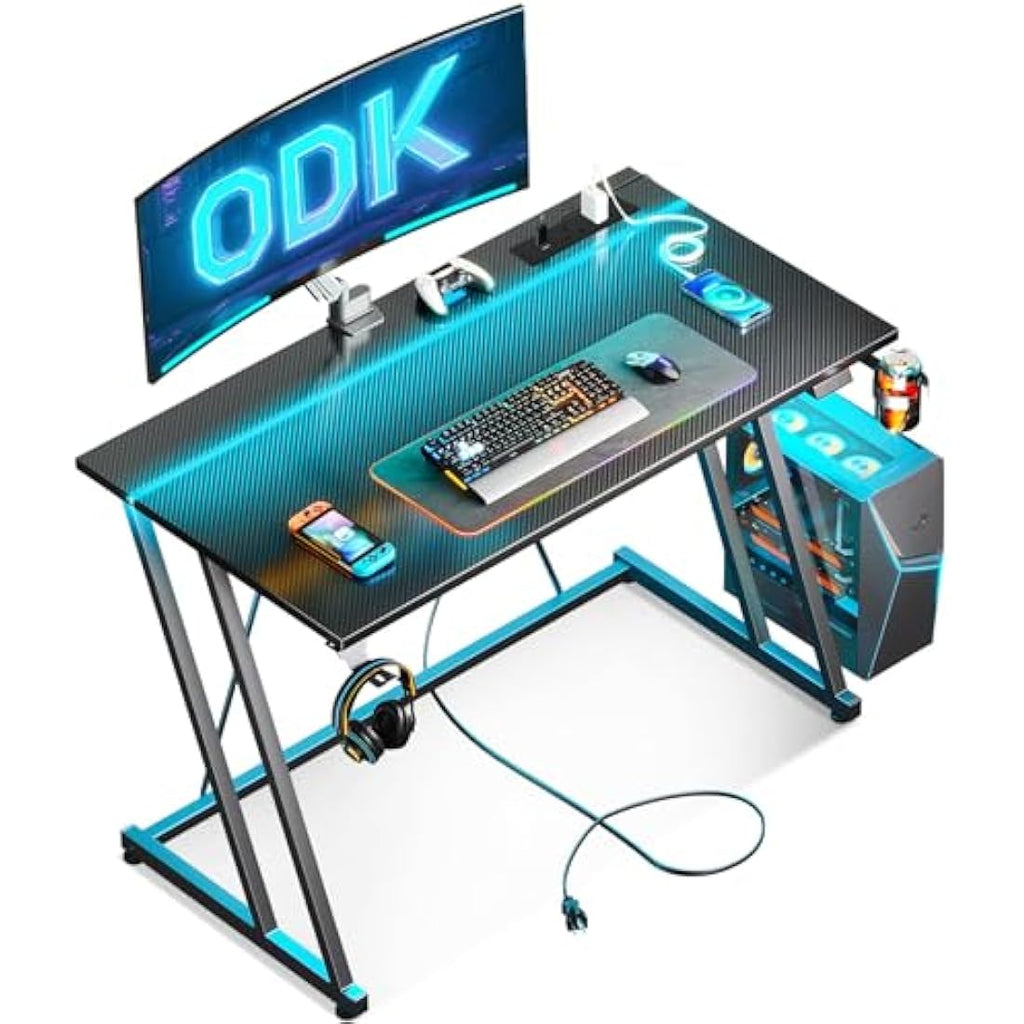 ODK Gaming Desk with LED Lights, Power Outlet & Cup Holder – 100cm