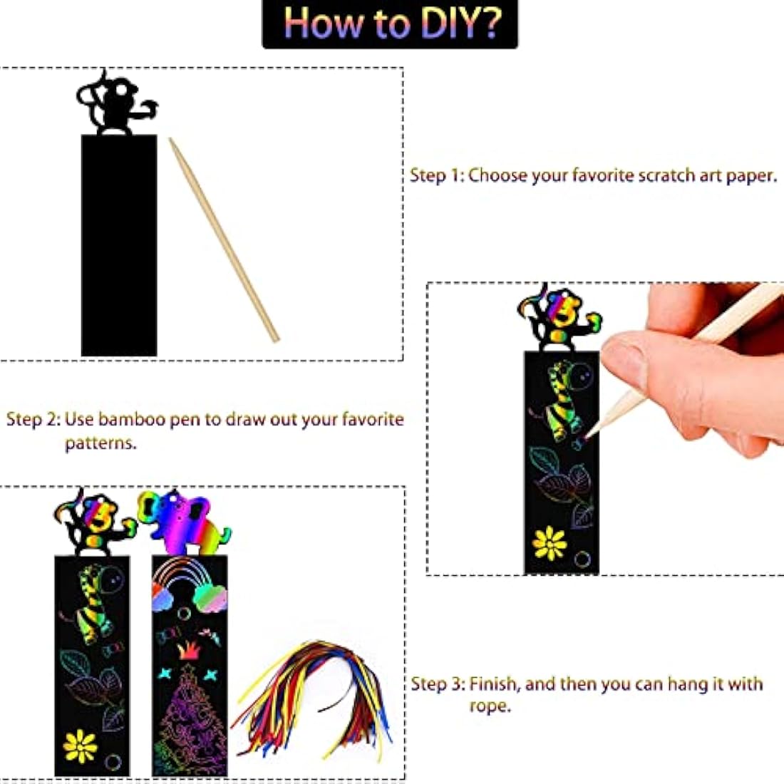 Jolof Store Scratch Art for Kids – 48 Pcs Animal Rainbow Bookmarks DIY Kit