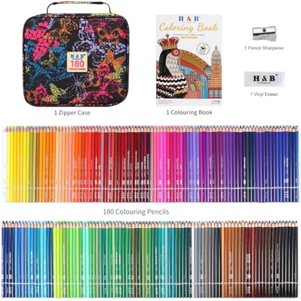 H & B 180 Oil Based Coloured Pencils Set with Colouring Book for Artists