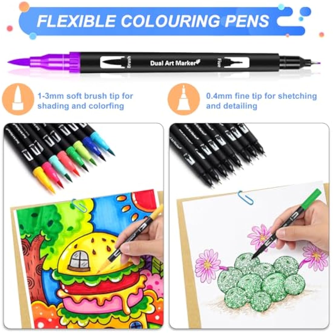 Sanyetral 168 Dual Tip Brush Pens | Art Set with Coloring Book