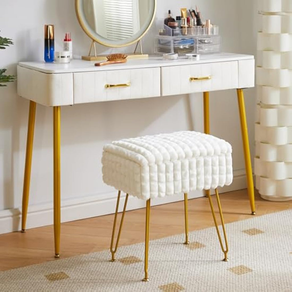 IBUYKE Storage Vanity Stool – White Faux Leather Ottoman Footrest Chair