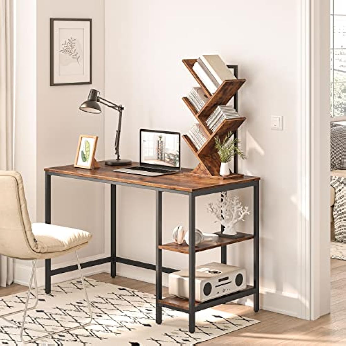 HOOBRO 4-Tier Tree Bookshelf – Rustic Brown Small Desktop Bookcase