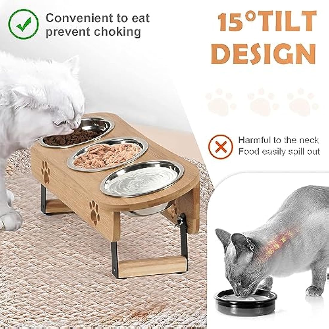 Raised Cat Feeding Station | 3 Stainless Steel Bamboo Bowls