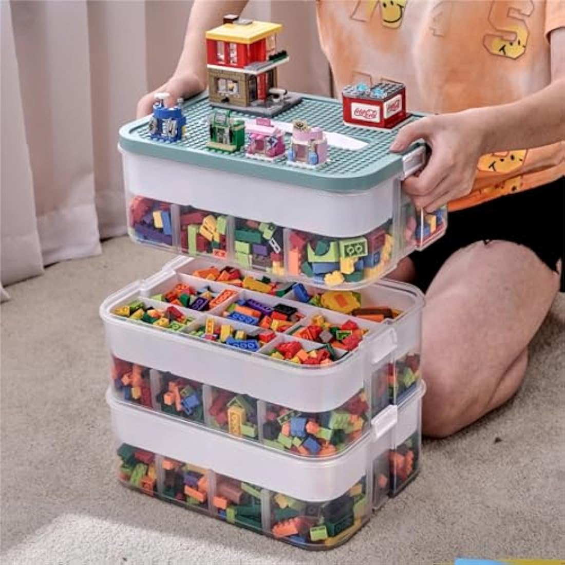 MueJah 3-Tier Stackable Lego Storage Organizer – Green Plastic Toy Bin