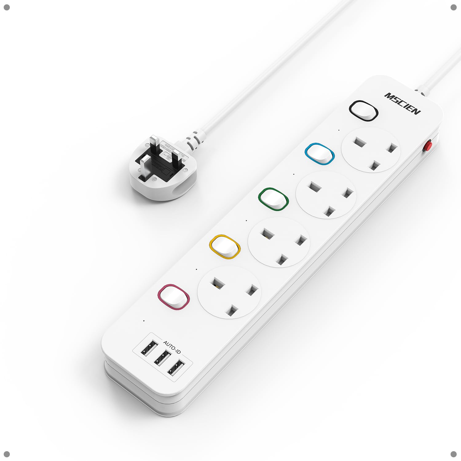 Mscien 4 Way Extension Lead with USB Slots – Wall Mounted Power Strip