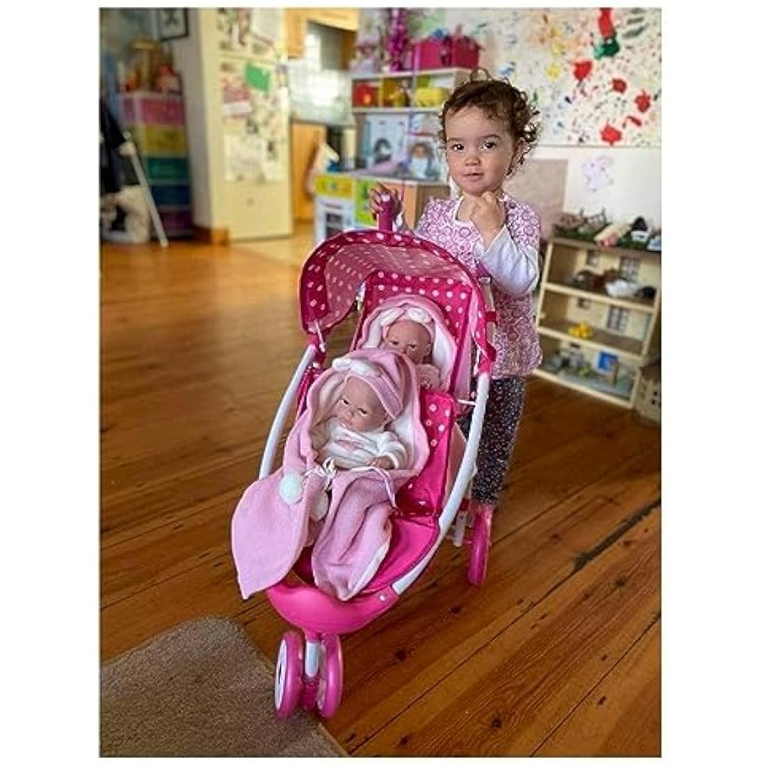 Roma Dotty Dolls Double Pram – Twin Toy Pushchair with Basket