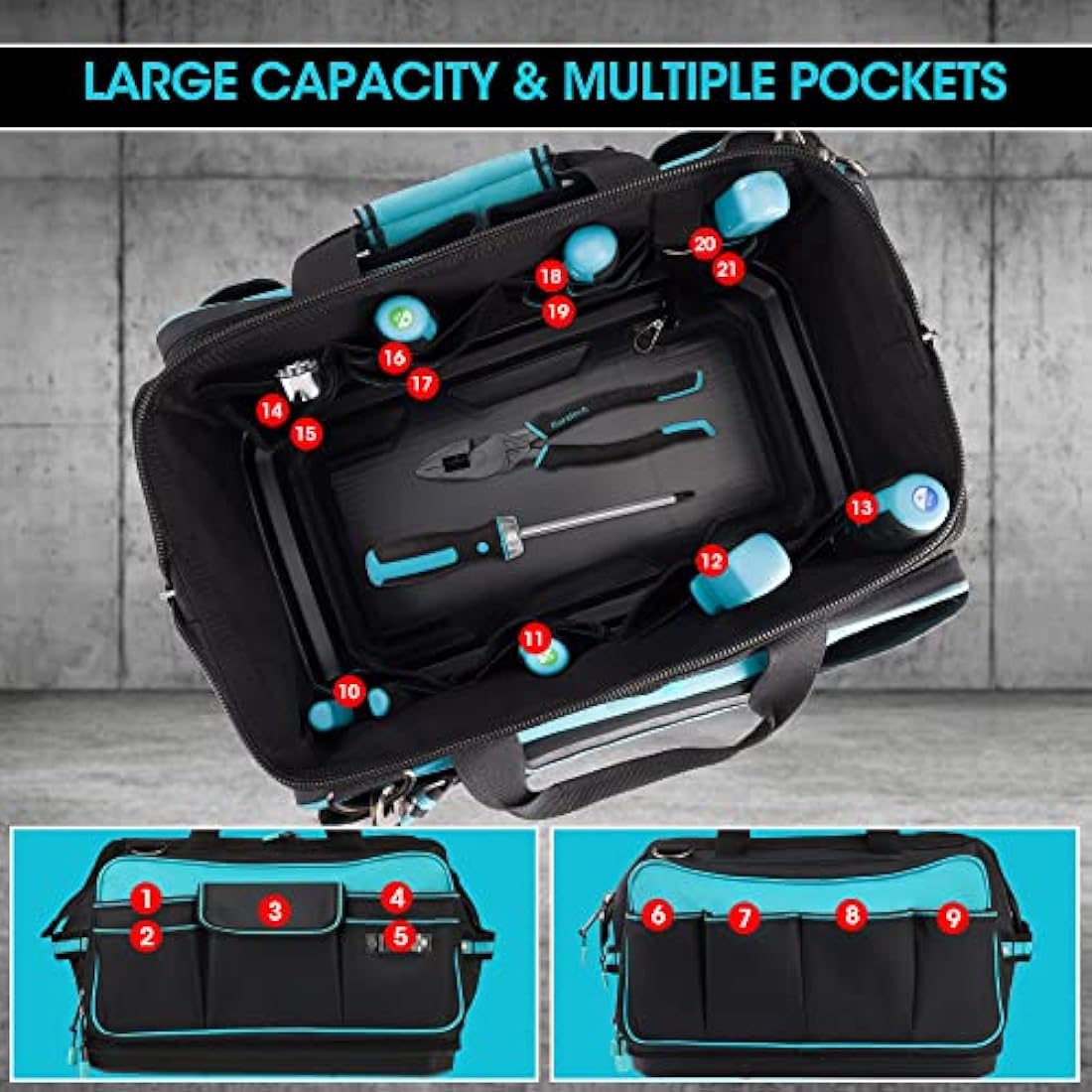 DURATECH 17-Inch Heavy Duty Tool Bag | 32 Pockets & Hard Base Organizer