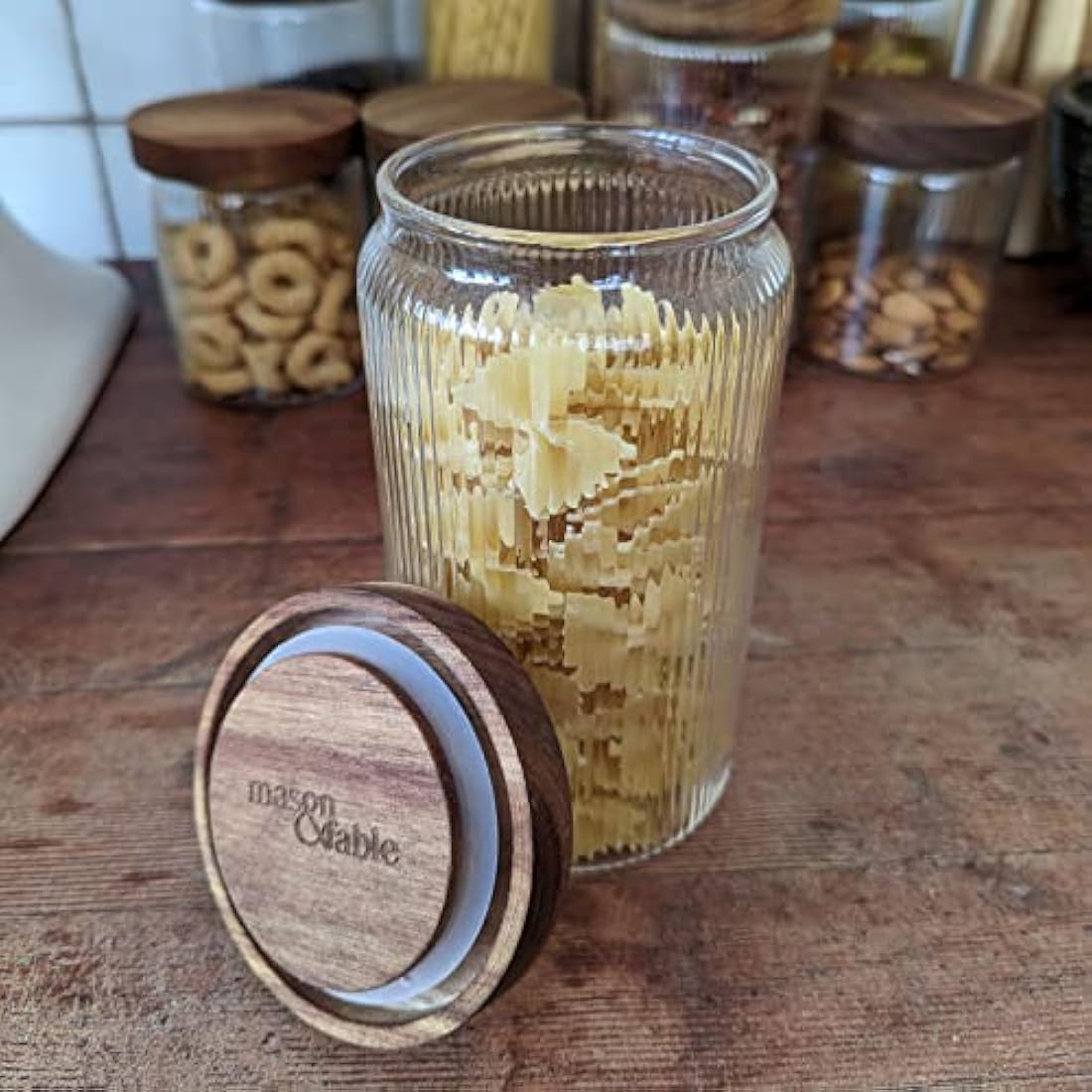 Mason & Fable Ribbed Glass Jars with Acacia Wood Lids - 800ml Set of 3