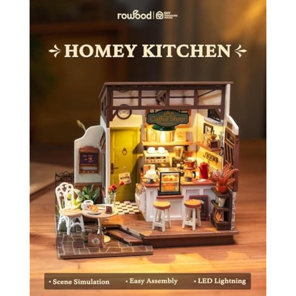 ROWOOD DIY Miniature Coffee House Kit – Wooden Dollhouse Model with Lights