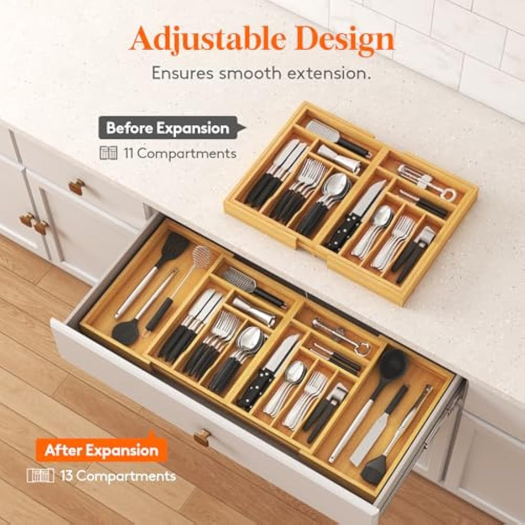 Lifewit Expandable Cutlery Drawer Organiser | Extra Large Bamboo Tray