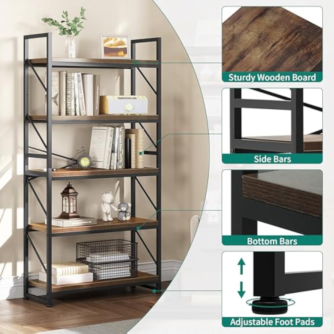 YITAHOME 5-Tier Industrial Bookcase | Rustic Brown Metal Storage Shelf