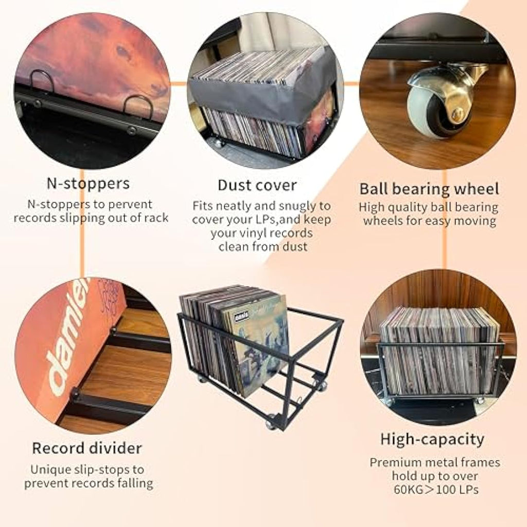 Vinyl Record Storage Holder – Metal 100 LP Stand with Wheels