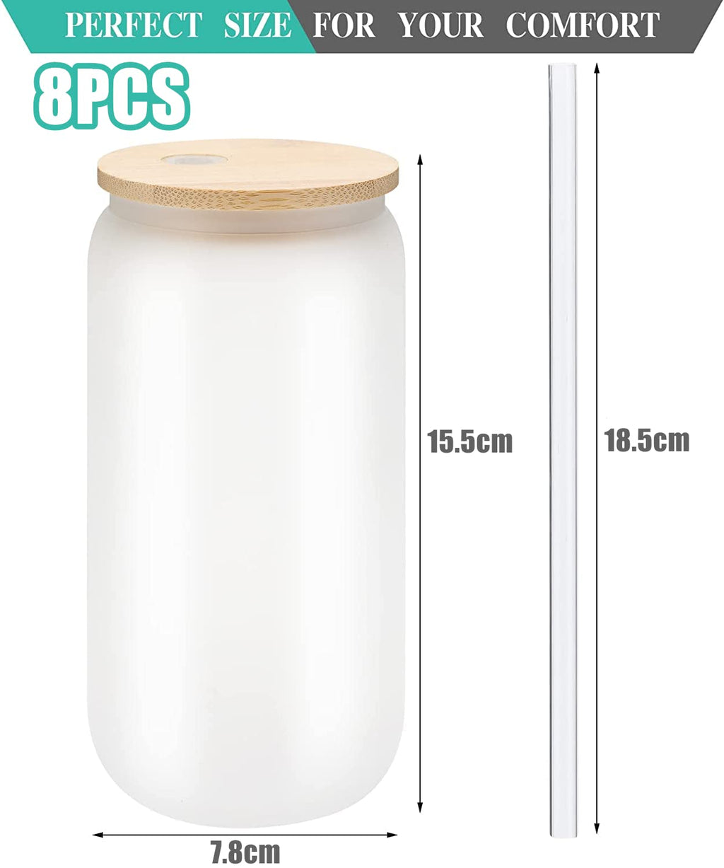 LATERN 8Pcs Frosted Sublimation Glass Cans | 18oz Tumblers with Bamboo Lids