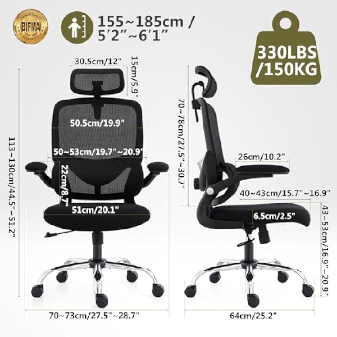 TONFARY Ergonomic Mesh Office Chair – Adjustable Lumbar & Flip-Up Arms