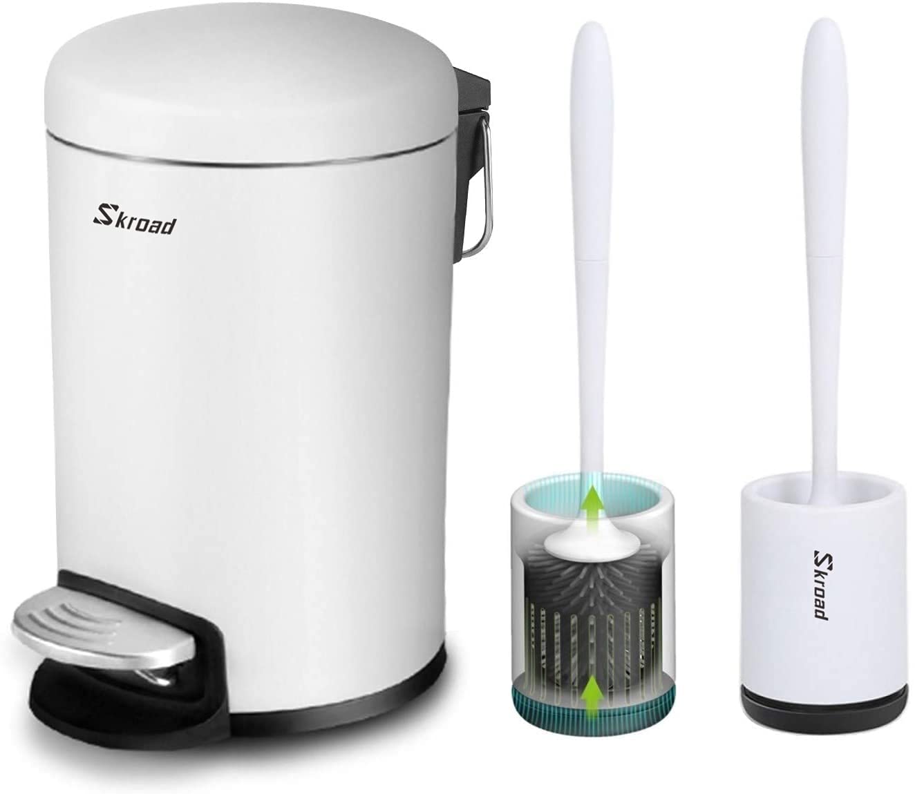 Skroad 3L Round Step Trash Can and Silicone Toilet Brush Set – White