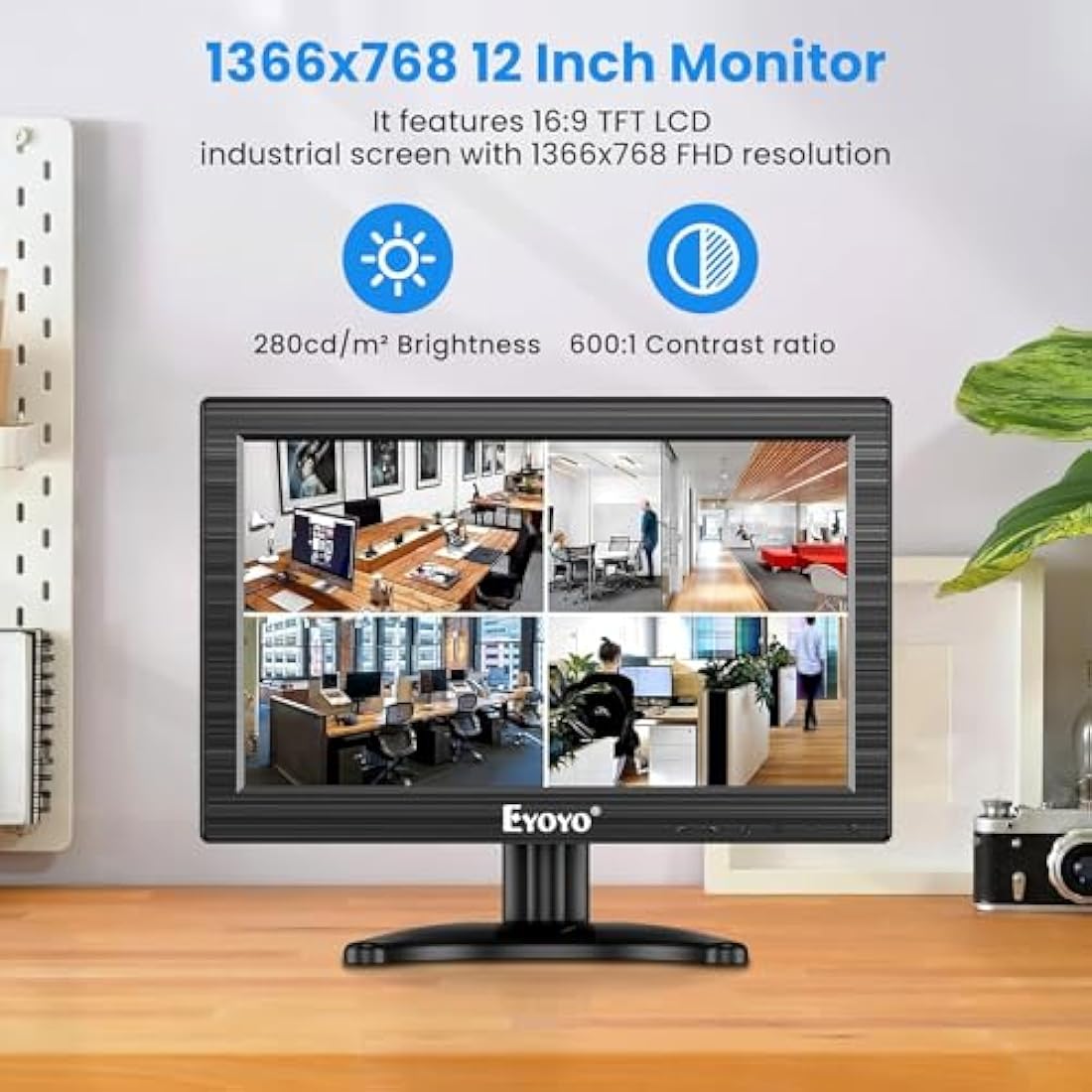 Eyoyo 12 Inch TFT LCD Monitor | 1366x768 HD Portable Display with HDMI & VGA