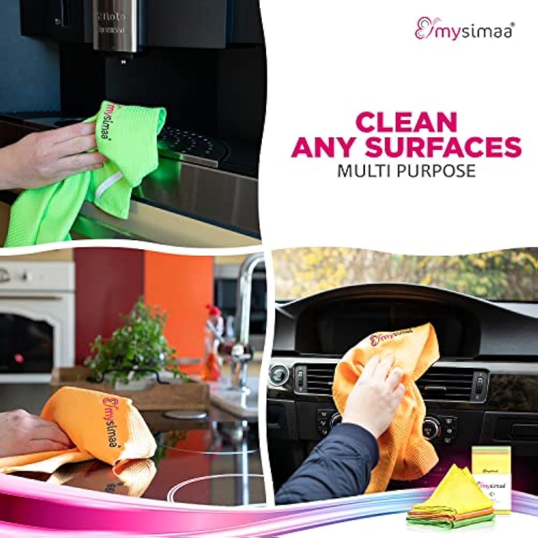 mysimaa Neon Microfibre Cleaning Cloths – Streak-Free 3-Pack (40x40cm)