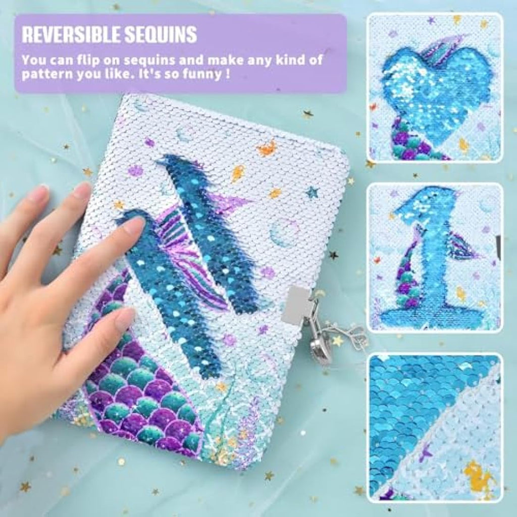 WERNNSAI Mermaid Reversible Sequin Notebook | A5 Lockable Secret Diary