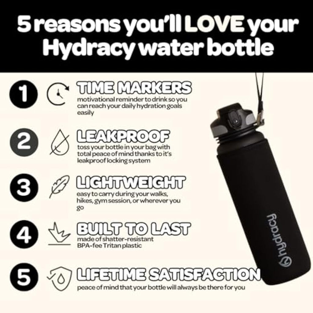 Hydracy 1L Water Bottle with Time Marker | BPA Free Fruit Infuser Bottle