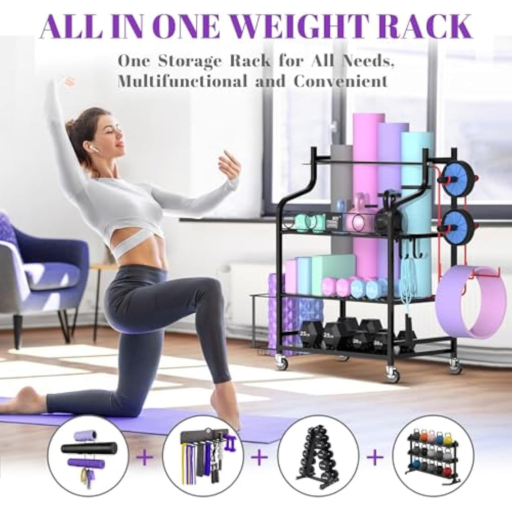 Mythinglogic Home Gym Storage Rack – Rolling Weight & Yoga Mat Organizer