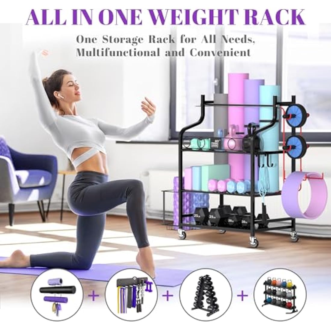 Mythinglogic Home Gym Storage Rack – Rolling Weight & Yoga Mat Organizer