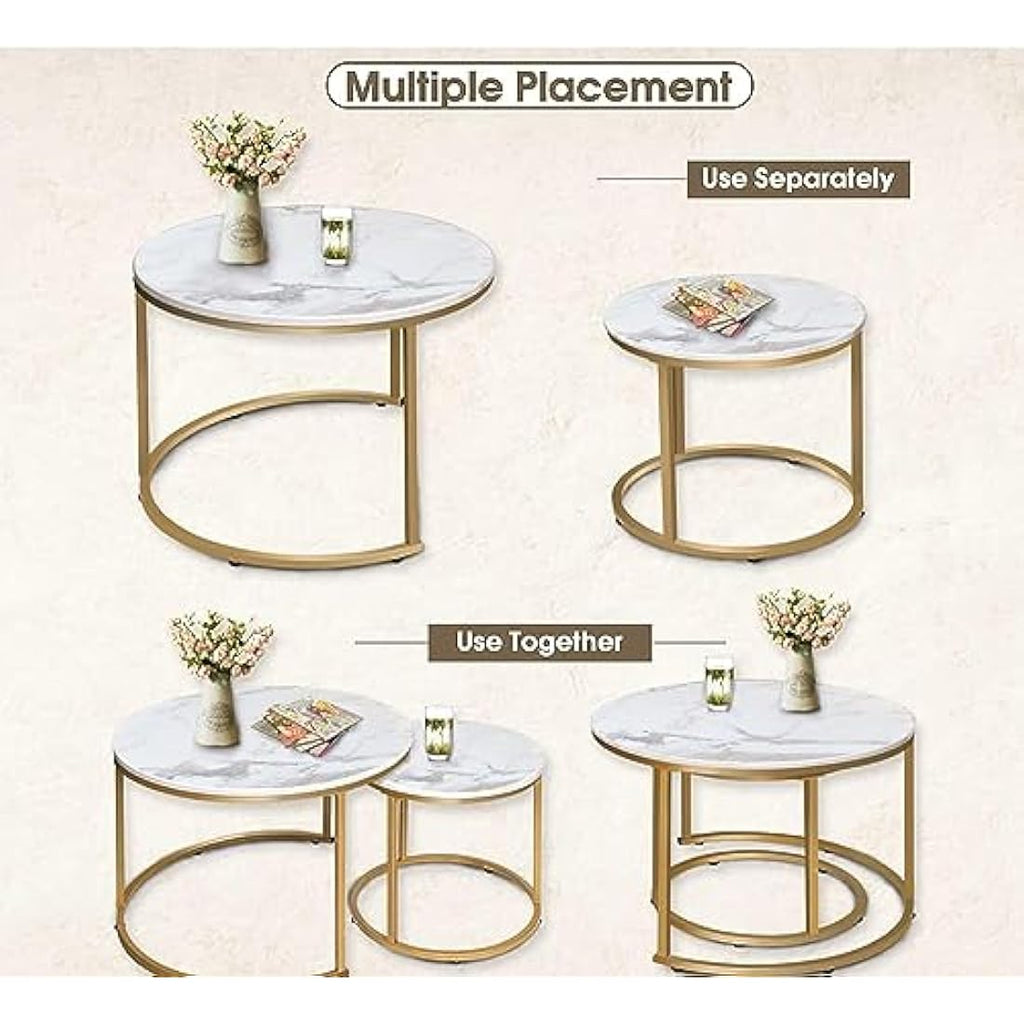 Round Nesting Coffee Tables - Set of 2 White Marble & Gold