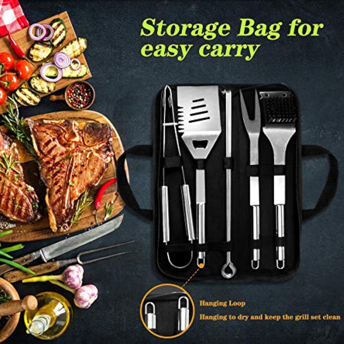 GQC 10-Piece Stainless Steel BBQ Grill Tool Set with Carry Bag