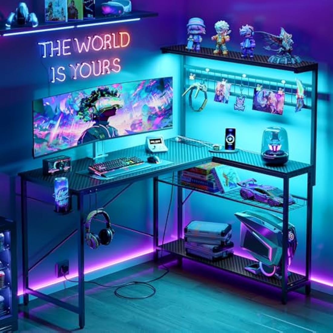Bestier L-Shaped Gaming Desk with LED Lights and Power Outlets – 129cm