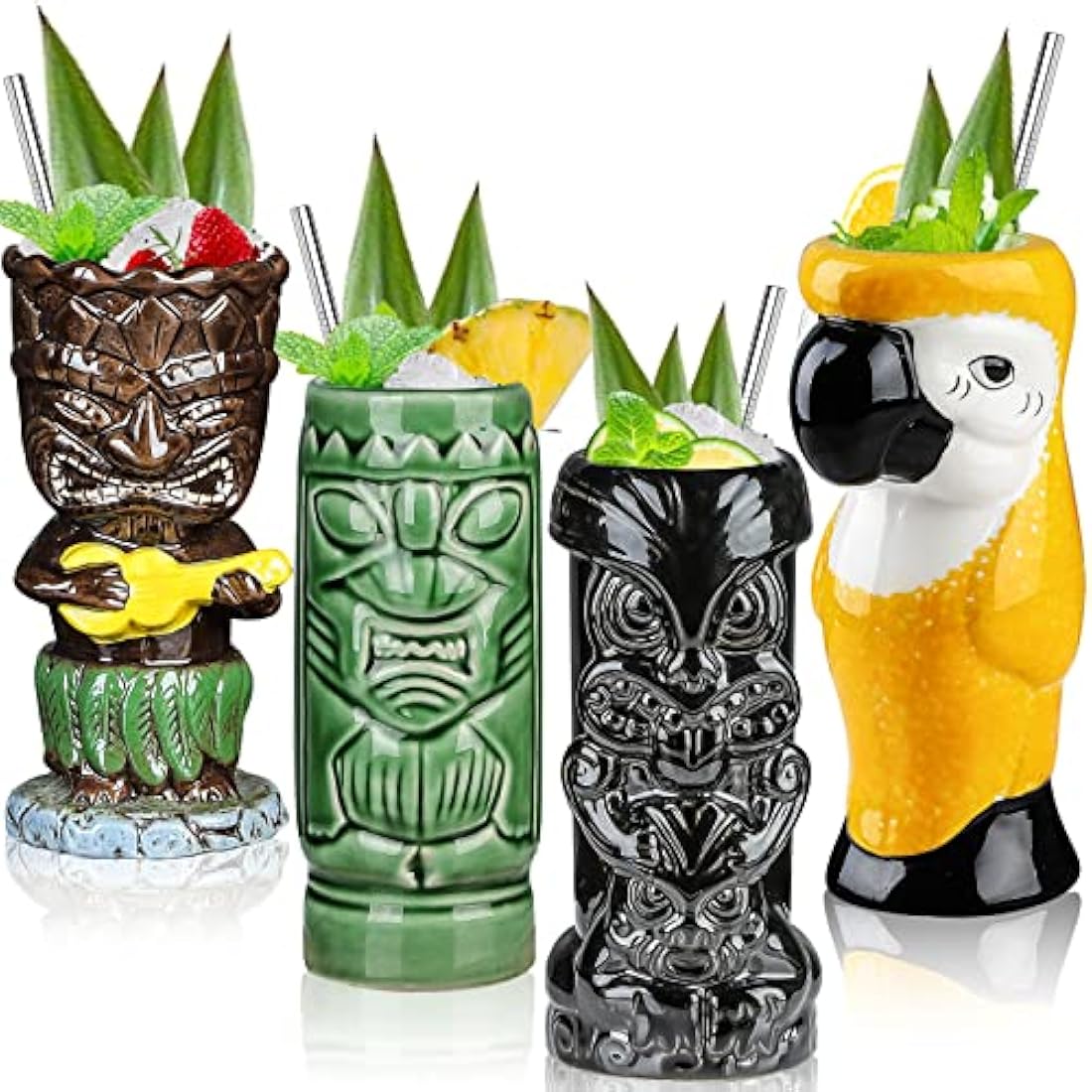 Jolof Store Ceramic Tiki Mugs - Set of 4 Tropical Hawaiian Cocktail Glasses