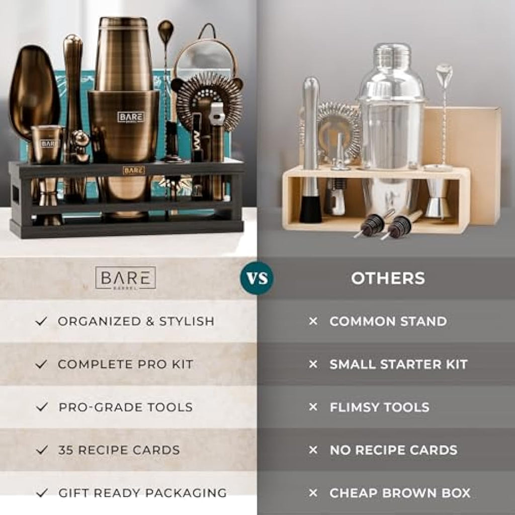 Bare Barrel 16-Piece Cocktail Making Kit | Brass & Black Boston Shaker