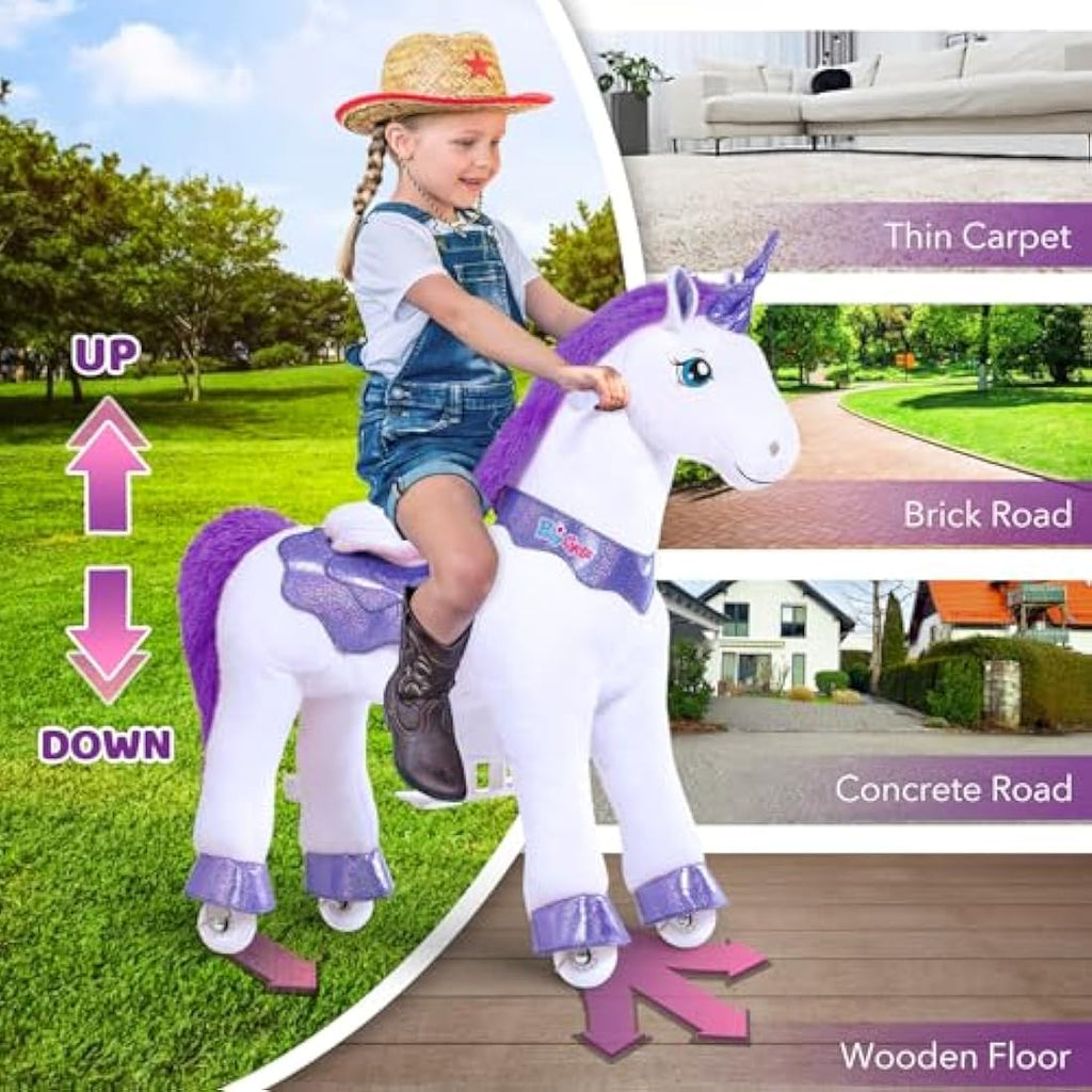 PonyCycle Ride on Unicorn Kids Scooter - Purple Mechanical Toy (Size 3)