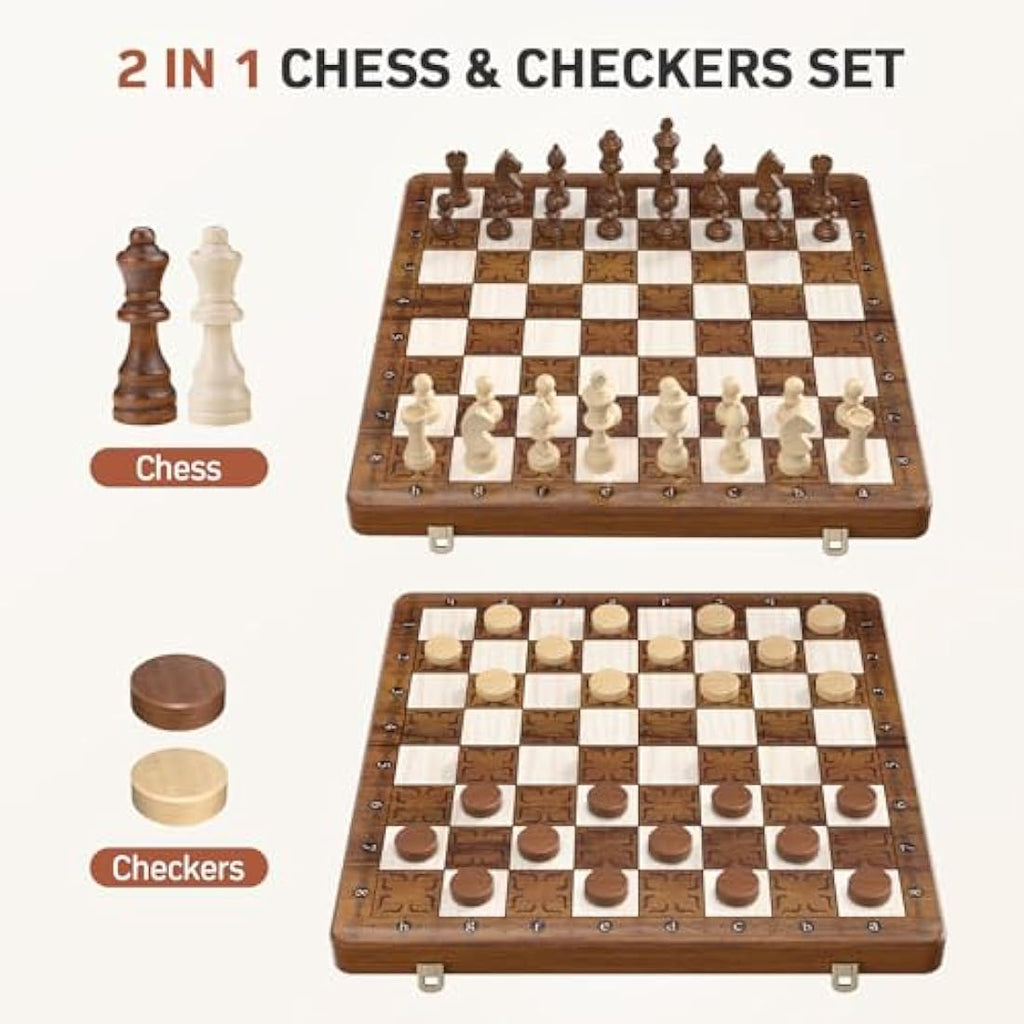 Sarr Klith 16" Wooden Magnetic Chess and Checkers Set | Foldable 2-in-1