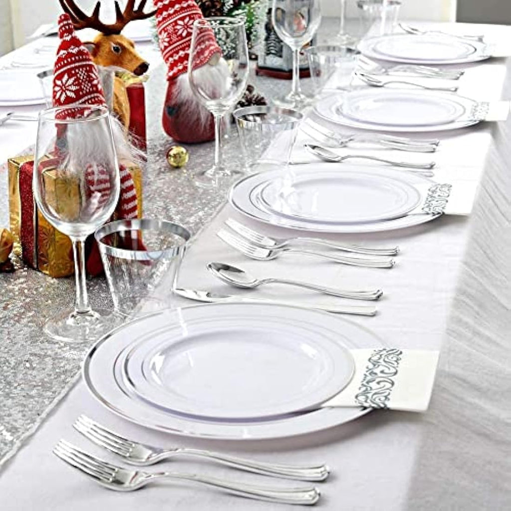 LATERN 60Pcs Silver Rim Plastic Dinnerware Set | Reusable Party Plates