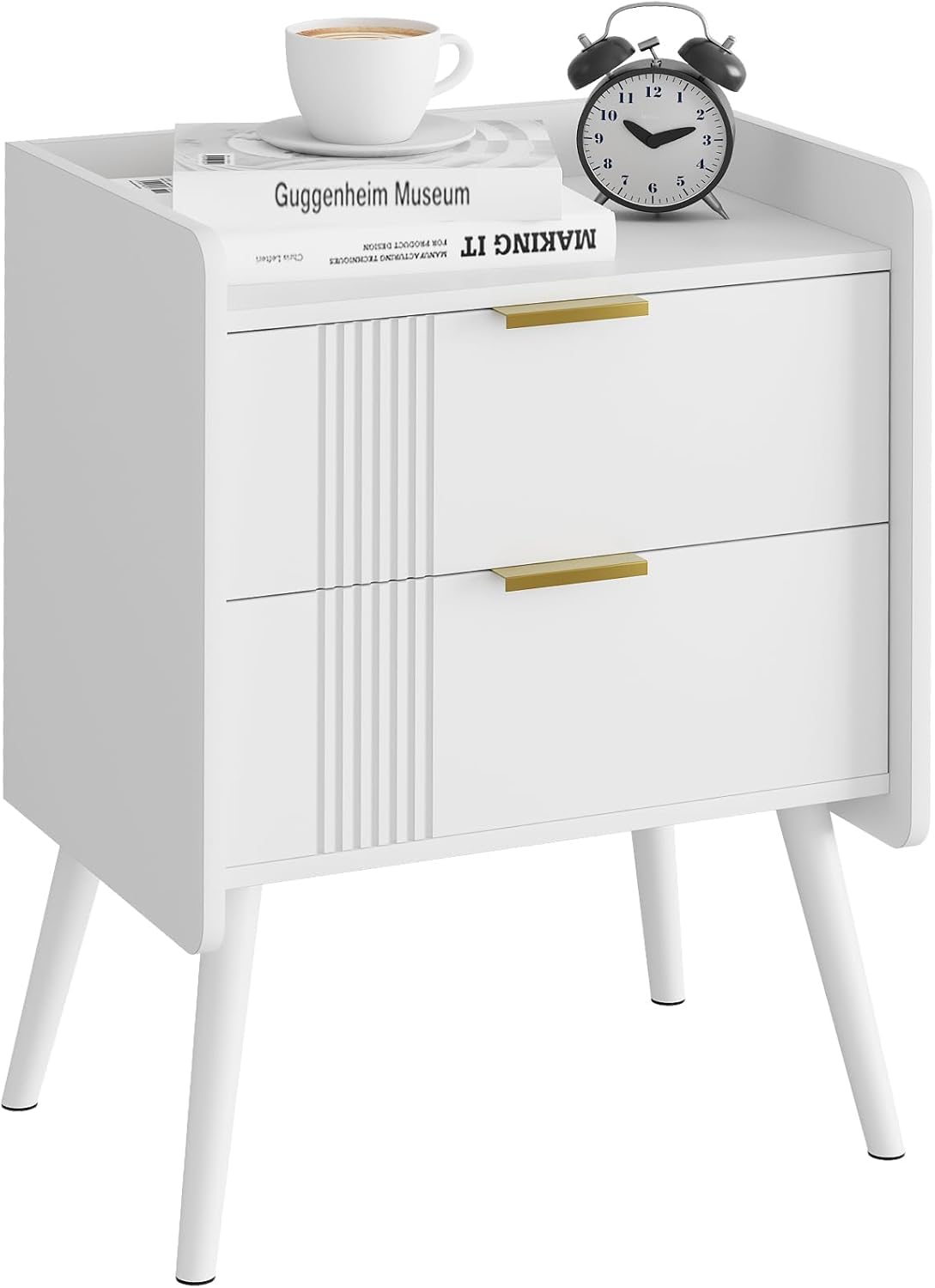 Huhote Wooden Bedside Table with 2 Drawers | White Storage Nightstand