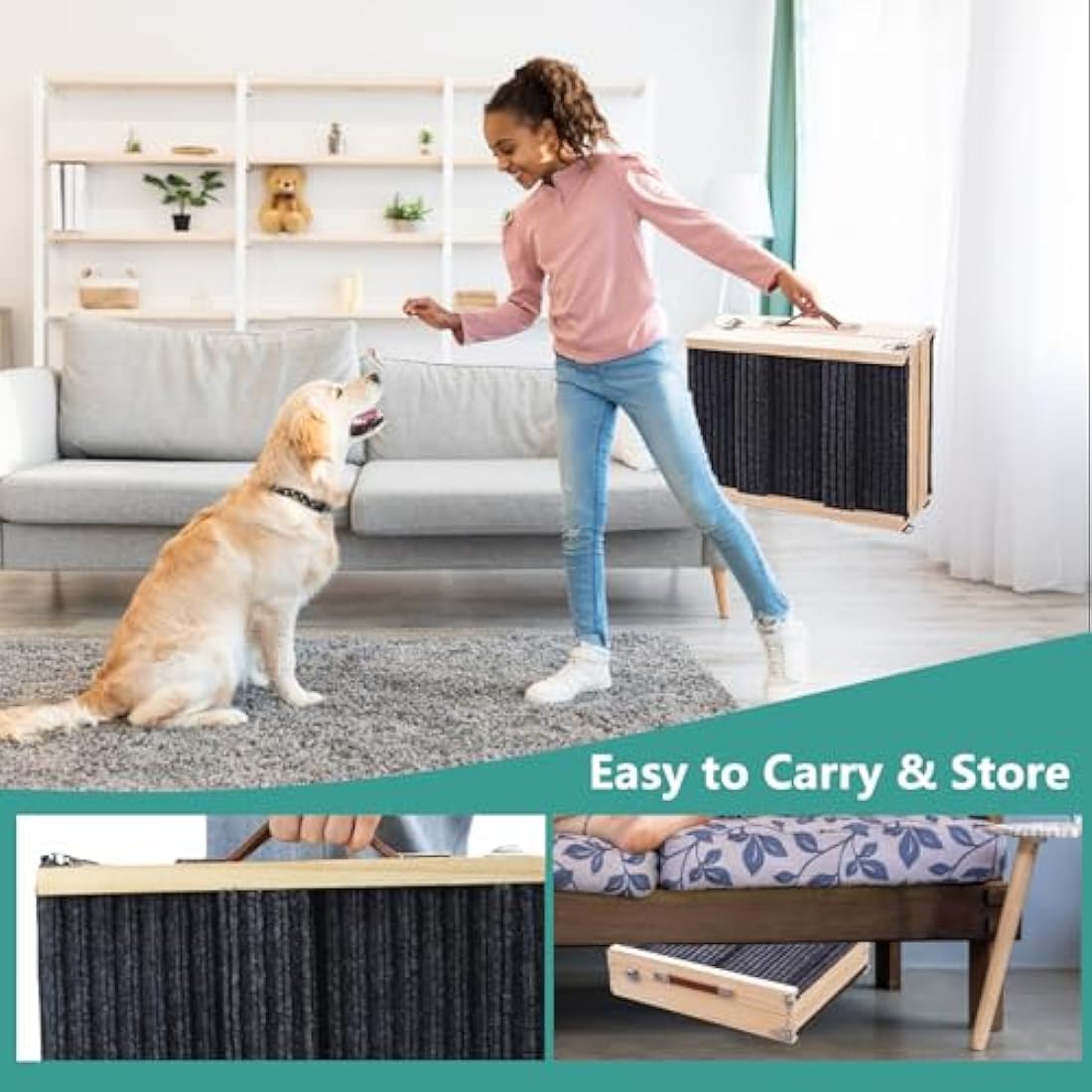 Umtiti Adjustable Wooden Pet Ramp – Foldable Non-Slip Dog Ramp for Beds