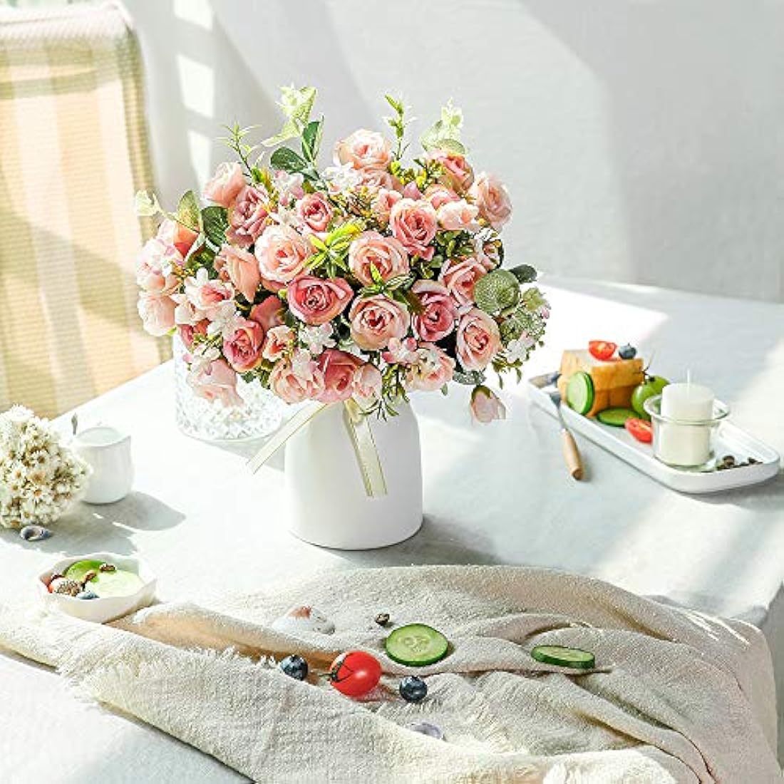 Jolof Store Artificial Silk Rose Arrangement with Ceramic Vase – Pink