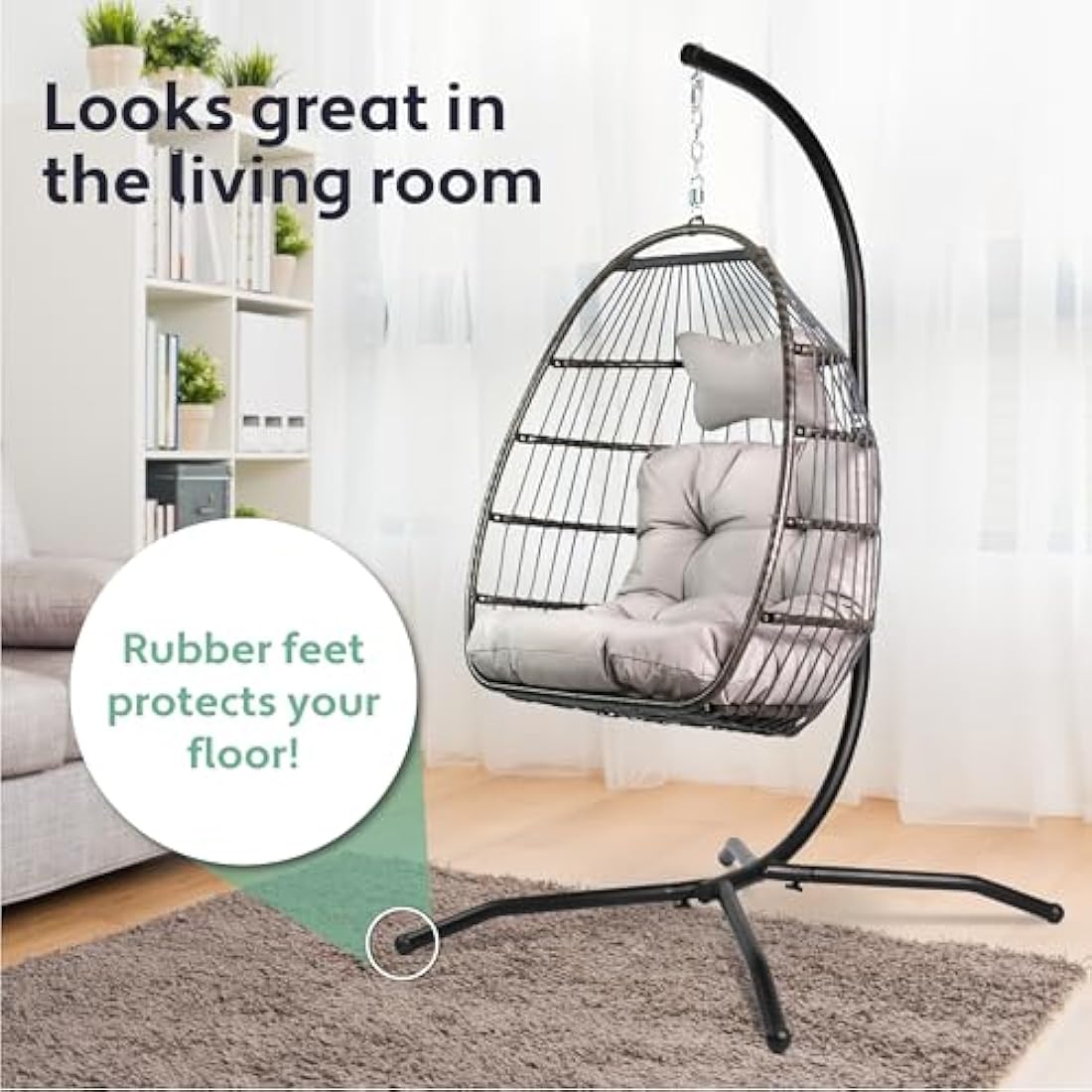 Vita5 Foldable Hanging Egg Chair with Stand | Polyrattan Swing - Light Grey