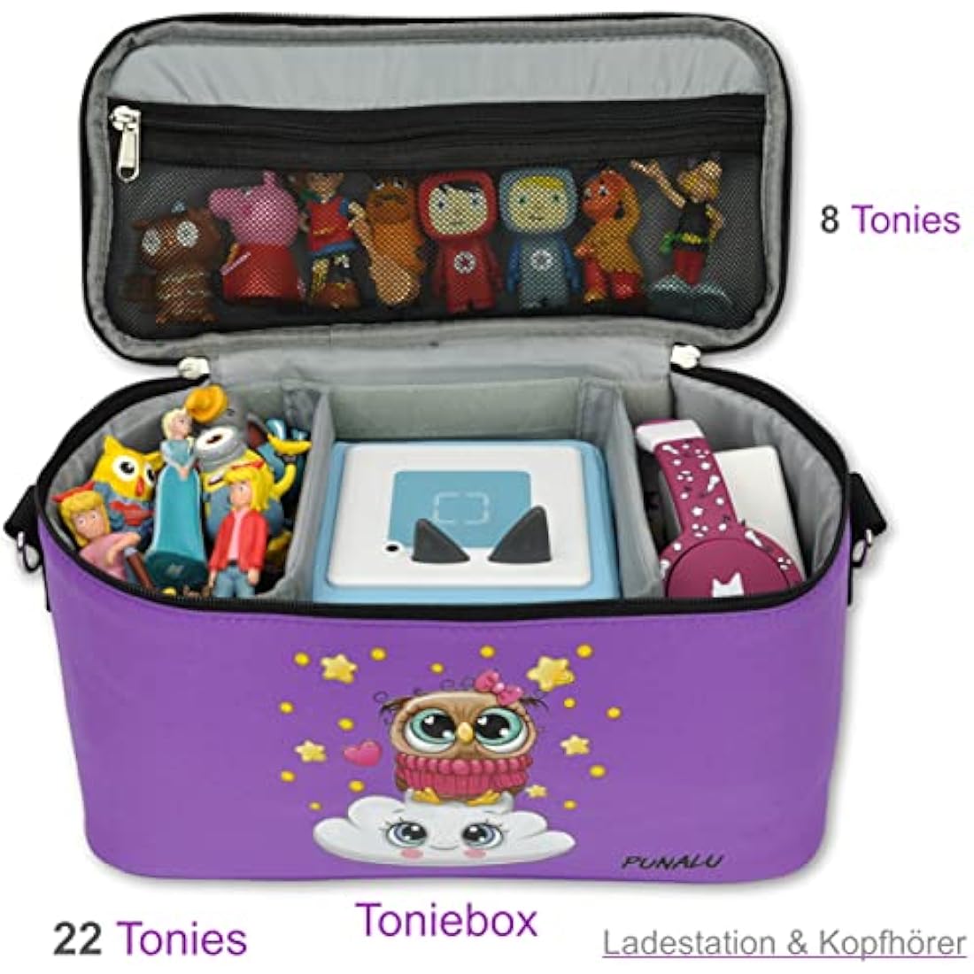 PUNALU Toniebox Storage Bag - Padded Kids Travel Case, Owls Purple