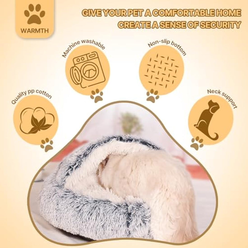 Calming Dog Bed – Fluffy Anti-Anxiety Plush Cave, Grey