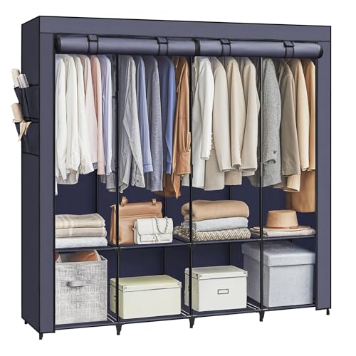 SONGMICS Portable Clothes Wardrobe – Large 4-Rail Fabric Closet, Dark Blue